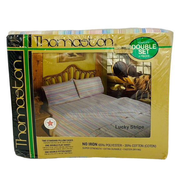 Vintage Thomaston Lucky Stripe Double Full Bed Sheet Set Pillowcases Flat Fitted - Picture 1 of 7